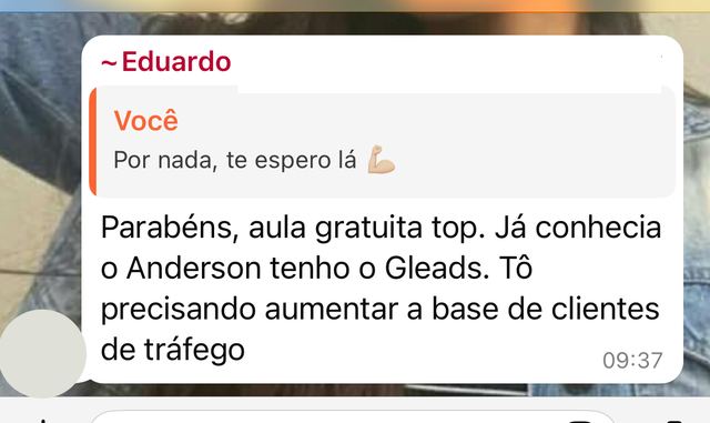 Print de conversa: aluno elogia aula gratuita e pede pra aumentar base de clientes de tráfego